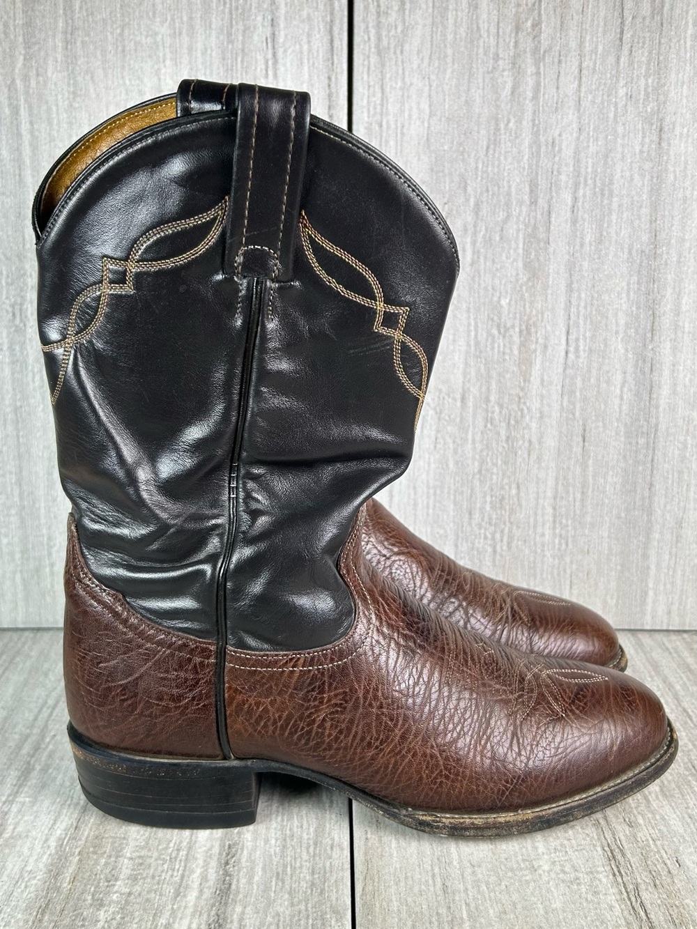 Tony Lama Shrunken Shoulder Brown Black Leather Western Cowboy Boots Mens Size 8